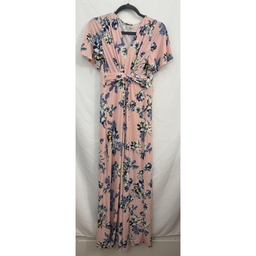 Peach Love California Maxi Dress Pink Blue Floral Womens Size S Short Sleeve